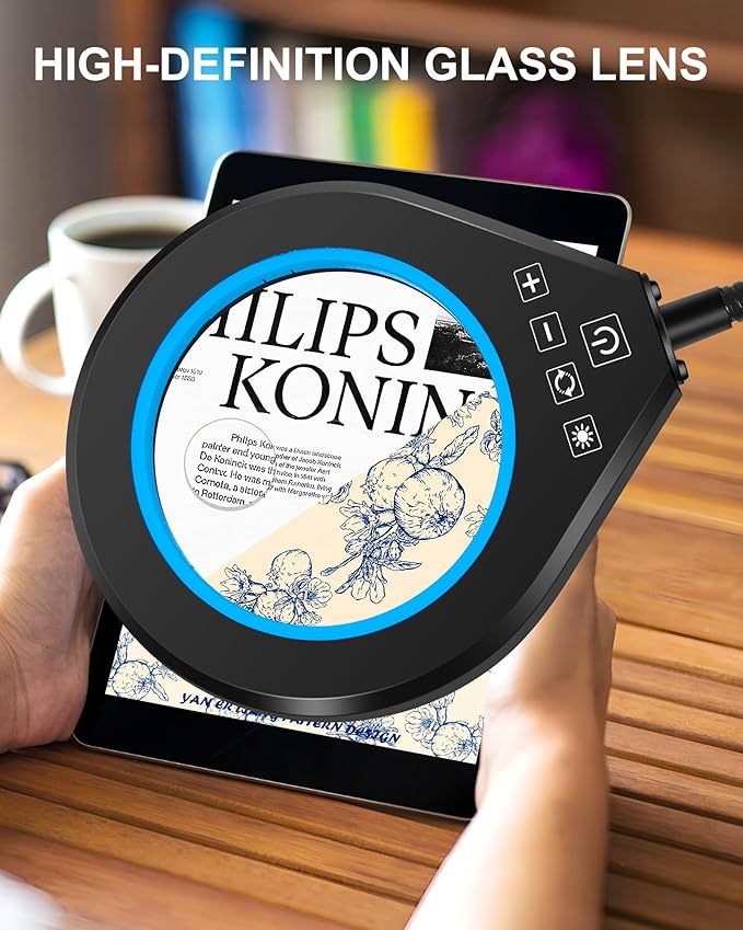 Flexible Gooseneck 2-in-1 Magnifying Glass with Light and Stand,10x & 5x Real Glass Lens Magnifying Lamp, 5 Color Stepless Hands-Free LED Desk Lamp with Clamp for Painting, Crafts, Reading (Blue)