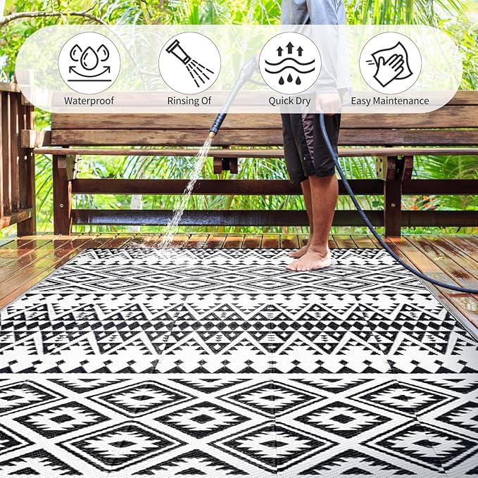 Waterproof Outdoor Rug 8x10ft, Bohemia Reversible Plastic Straw Mat for Patio RV Deck Porch Backyard Balcony Camping Picnic Beach Indoor Outdoor Carpet, Black&White