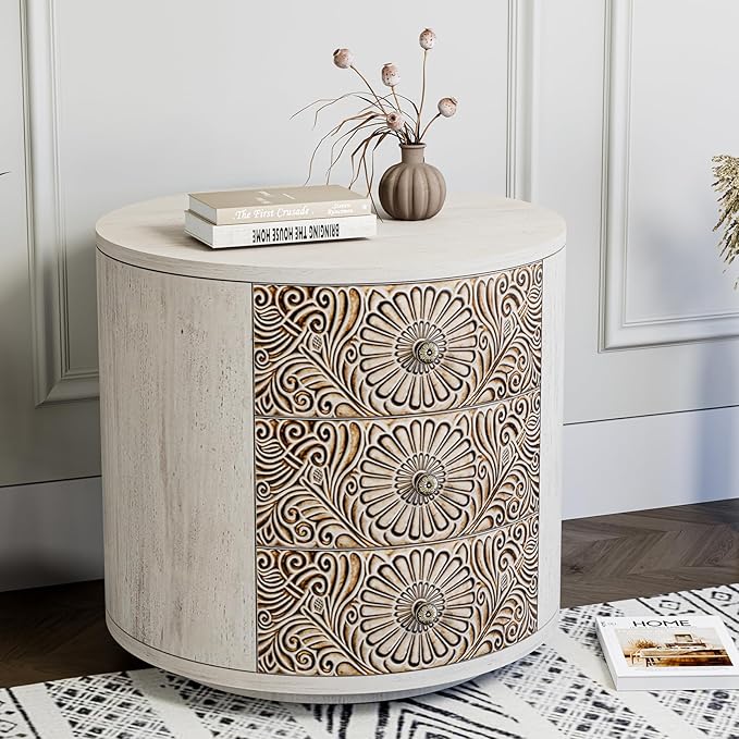 HOMPUS Round End Table with Carved Floral Pattern, Vintage Nightstand w 3 Storage Drawers, Modern 3 Drawer Dresser, Wood Retro Accent End Table for Living Room, Bedroom, Distress White