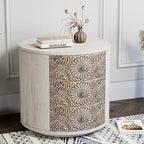 HOMPUS Round End Table Set 2, Fully Assembled Nightstand w 3 Storage Drawers, Farmhouse Wood Dresser Set of 2, Vintage Nightstand Bedside Tables, Aceent End Tables for Bedroom, Rustic White