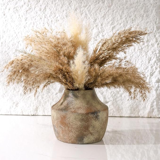 Mitt&Ditt Ceramic Flower Vase, 5.3 inch Pottery Farmhouse Rustic Vase, Handcrafted Weathered Vases, Small Flower Terracotta Vases for Home Decor, Living Room, Table, Shelf, Mantel, Neutral