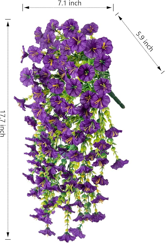 Ivydale 2 PCS Artificial Hanging Flowers Fake Plants Outdoor,Silk Morning Glory Faux Flowers with Eucalyptus Leaves,UV Resistant Realistic Hanging Petunias Plants for Home Garden Decor (Purple)
