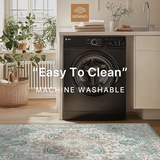 GENIMO 2x10 Runner Rugs for Hallway, Machine Washable Non Slip Vintage Rugs, Low Pile Lightweight Soft Print Rug for enrtyway, Corridor, Home Office, Kitchen, Cyan