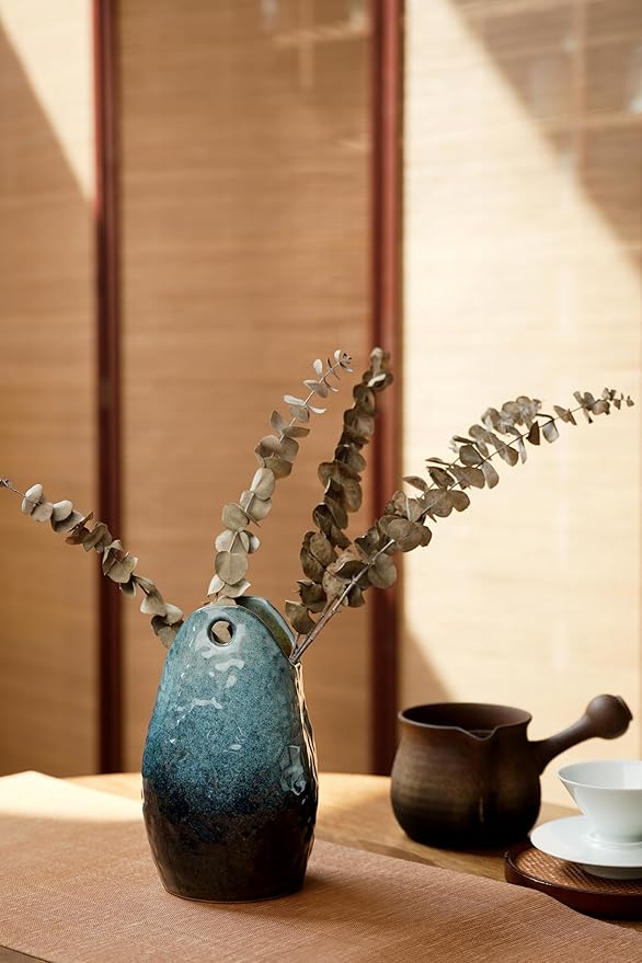 Rustic Pottery Ceramic Vase - Vintage Farmhouse Style Decor, White Grid Ceramic Vases for Home Decor, Modern Farmhouse Decor (Blue)