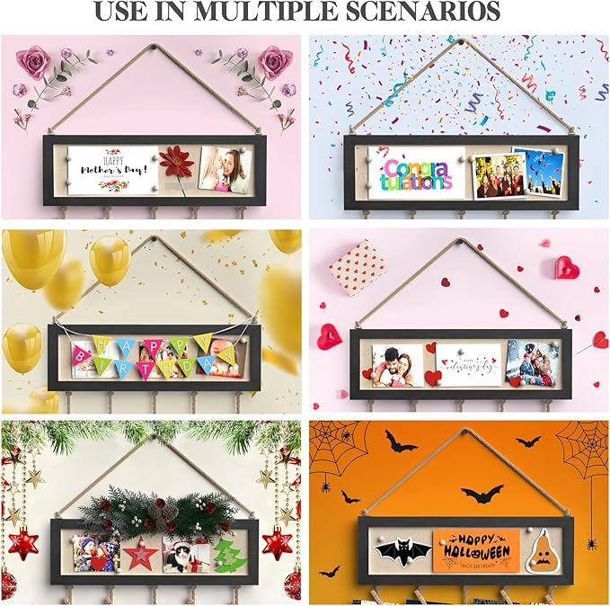 Bikoney Picture Frames Collage Wall Decor Hanging Photo Display Multi Pictures Organizer with Wood Bulletin Board Photo Board 30 Clips and 6 Pushpins for Home and Dorm Room Decor (Black)