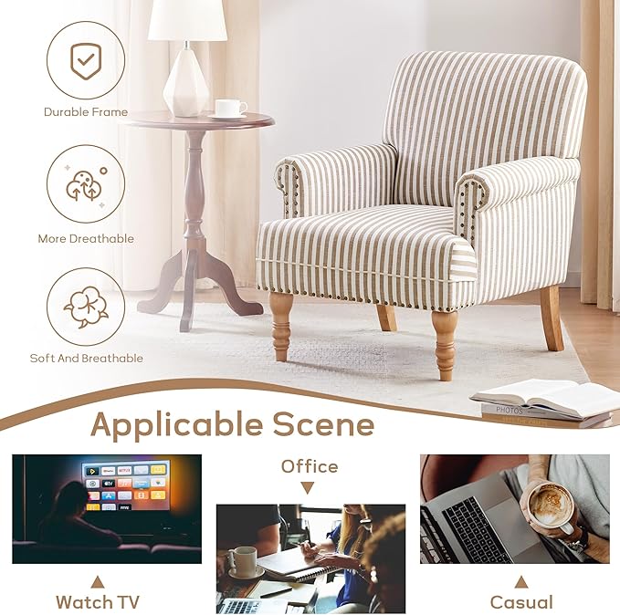 HUIMO Linen Fabric Accent Chairs Set of 2, Mid-Century Modern Armchair with Solid Wood Legs, Single Sofa Chair,Upholstered Reading Club Chair (2, Brown and White Stripe)