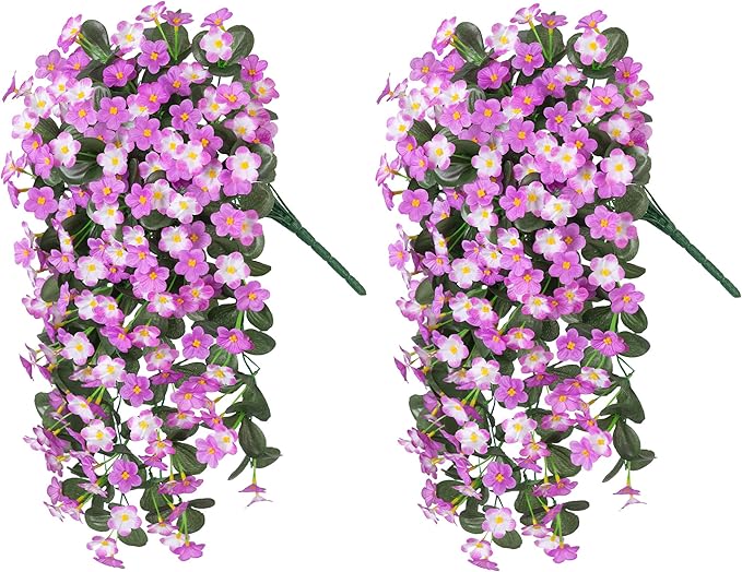 Artificial Fake Hanging Flowers Plants for Outdoor Outside Fall Decor, 2 PCS Faux Silk Daisy Mums Vines UV Resistant Realistic for Home Porch Balcony Planter Decoration (Light Fuchsia and Fuchsia)