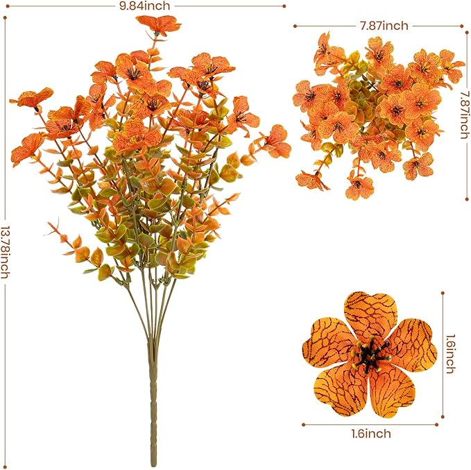 20 Bundles Artificial Fake Mums for Outdoor Fake Plants for Autumn Decoration,Faux Eucalyptus Flowers for Planter UV Resistant Lifelike for Home Porch Garden (Fall Orange)