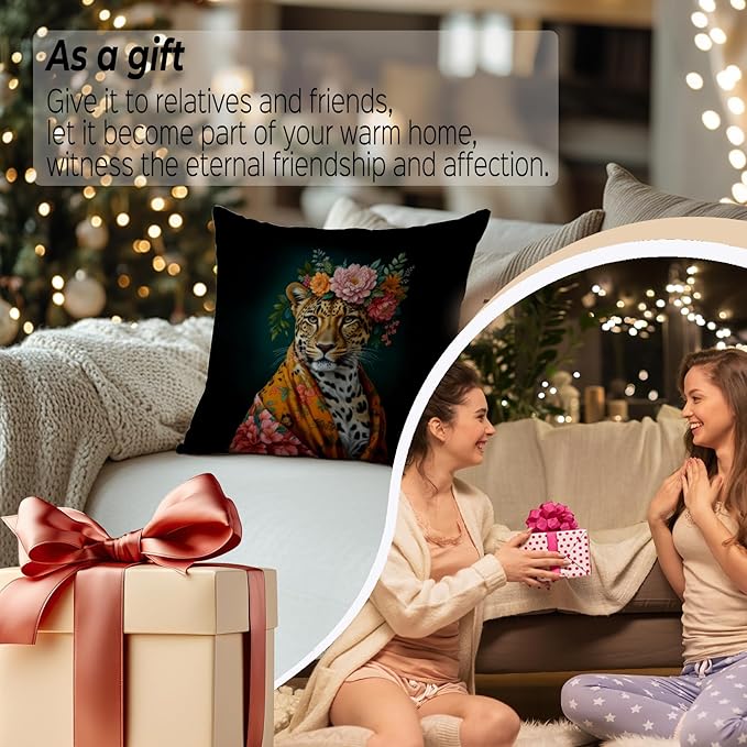 Trendy Maximalist Floral Leopard Eclectic Pillow Covers 18x18, Cheetah Print Room Decor, Eclectic Home Decor, Funky Colourful Floral Leopard Decorative Throw Pillow Covers for Home Room