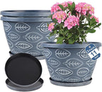 Outdoor Flower Pots for Plants Set of 3 Pack 11 Inch Planter Pot, Large Plastic Plant Pots Indoor Plants with Drainage Holes & Trays, Modern Decorative Garden Containers Sets for House(Blue)