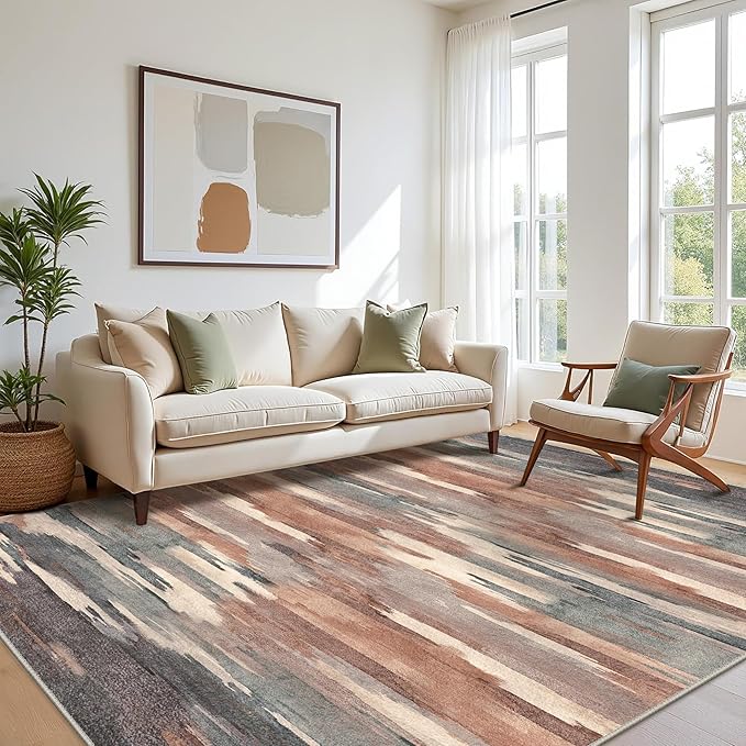 Area Rugs 8x10 Machine Washable Rug for Bedroom Living Room Dining Room, Large Modern Abstract Soft Rugs, Indoor Low Pile Carpet with Non Slip Rubber Backing, Ocher Brown