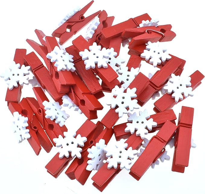 HAHIYO Mini Wooden Snowflake Clothespin Clip Christmas Photo Paper Holders 1.38inch Tight Clamp Not Fray Rope Post Notices Handy Read for Hanging Postcard Wedding Red 50PCS