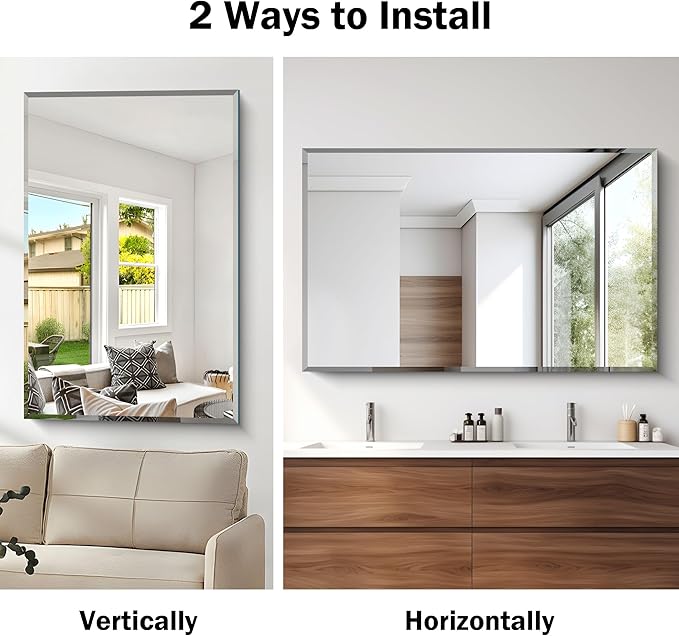 Beveled Bathroom Mirror, 30x48 Large Frameless Mirrors for Over Sink, Upgraded Shatterproof Beveled Frameless Vanity Mirror for Bedroom, Living Room and Entryway (Horizontal/Vertical)