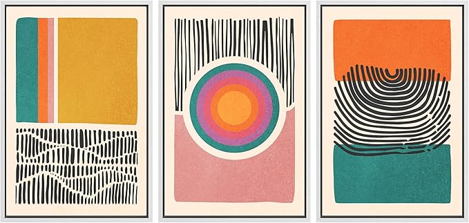 SIGNWIN Framed Canvas Print Wall Art Set Mid-Century Multicolor Color Block Shape Abstract Geometric Illustrations Graffiti & Street Art Modern Art for Living Room, Bedroom, Office - 16"x24"x3 White