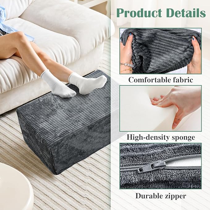 Rectangular Stuffed Pouf Ottoman with Foam Chunk Filling, Coral Fleece and Furry Fabric Design, Multi-Functional Floor Pouf for Living Room, Dark Grey