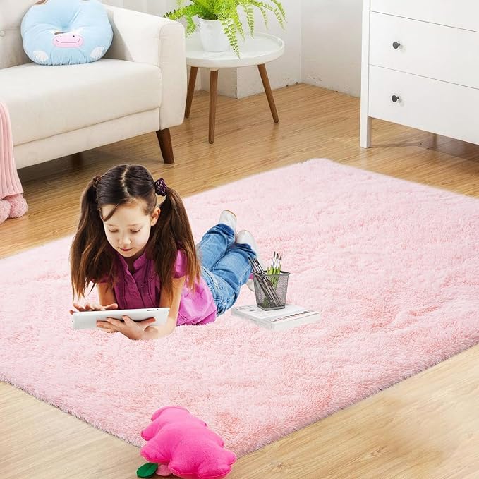 Pink Fluffy Rugs for Bedroom Girls: Area Rug 6x9 Pink Fuzzy Rug for Kids Room - Furry Rug Living Room Bedroom Decor