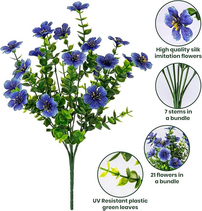 20 Bundles Artificial Flowers for Outdoor Fake Plants for Spring Decoration,Faux Eucalyptus Flowers for Planter UV Resistant Lifelike for Home Porch Garden（Blue）