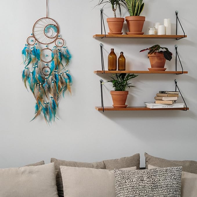 Pretty Jolly Brown Blue Feather Large Dream Catchers Wall Decor with Chakras Tree of Life Crystal Stone Ornament Handmade Dreamcatchers for Adult Boys Girls Bedroom Party Birthday Bless Gift-5Rings