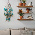 Pretty Jolly Brown Blue Feather Large Dream Catchers Wall Decor with Chakras Tree of Life Crystal Stone Ornament Handmade Dreamcatchers for Adult Boys Girls Bedroom Party Birthday Bless Gift-5Rings