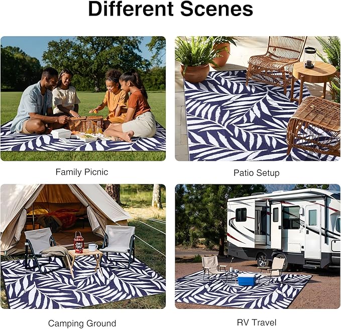 OLANLY Waterproof Outdoor Rug 9x12 ft, Reversible Outdoor Plastic Straw Rug with Leaf Pattern, RV Mat, Indoor Outdoor Carpet for Patio, Camping, Balcony, Deck, Backyard, Navy & White