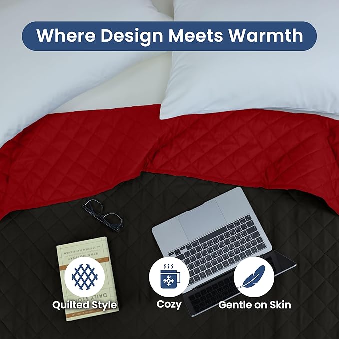 Martex Reversible Coverlet – Full Queen Size Quilt - Lightweight Full Size Bedding– Durable Queen Size Quilts for Bed – Soft - Easy Care Bedding – Ebony/Red