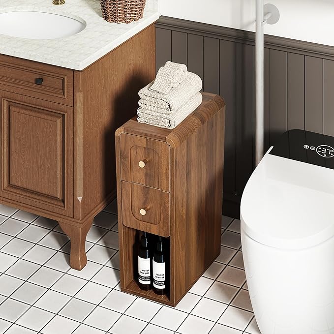 Narrow Nightstand with 2 Drawers, Small Bedside Tables, Mid-Century Modern Slim Night Stand with Storage, Wooden End Table for Small Spaces, Bedroom, Living Room (Walnut-1PCS)