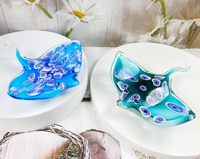 Crystal Devil Fish Figurine Hand Blown Glass Manta Ray Statue Collectibles Ocean Art Sea Animal Home Table Decor Gift Green 4.7''
