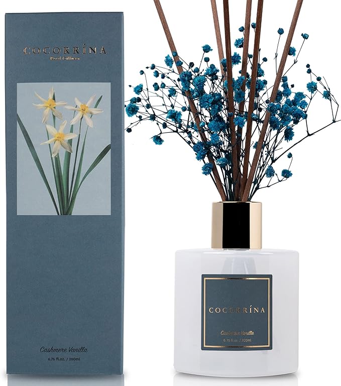 Cocorrína Premium Reed Diffuser Set with Preserved Baby's Breath & Cotton Stick Cashmere Vanilla | 6.7 fl oz Scent Fragrance Oil Diffuser for Bedroom Bathroom Home Décor