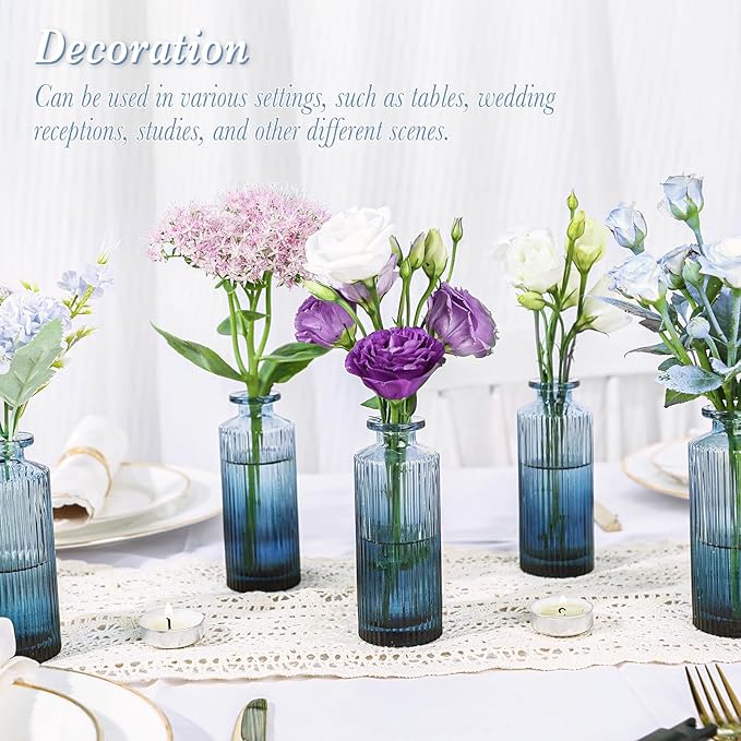 Navy Blue Glass Bud Vases Set of 12, Mini Ribbed Flower Vase for Centerpieces, Small Glass Vases in Bulk for Wedding Decorations, Vintage Vase for Table, Recepetion, Graduation, Home Décor