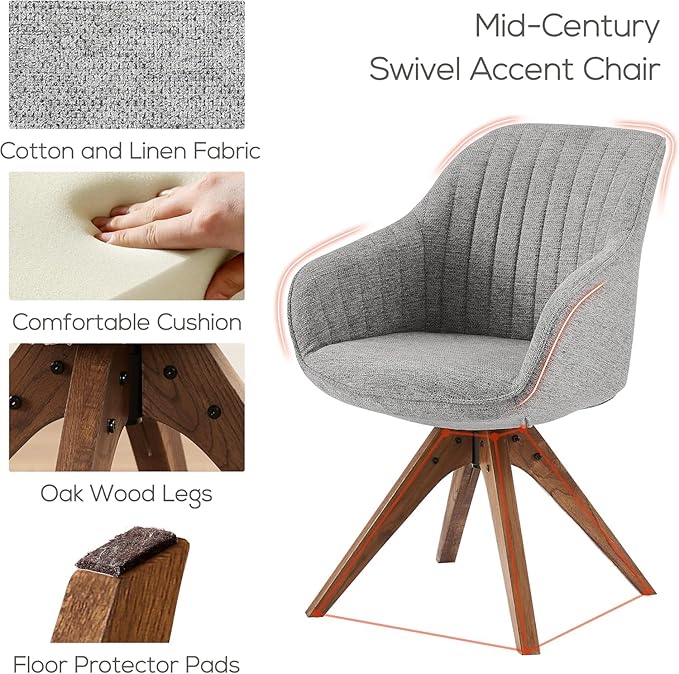 Art Leon Desk Chair - Mid Century Modern Office Chair No Wheels, Swivel Accent Chair with Oak Wood Legs, Fabric Upholstered Arm Chair, Gray