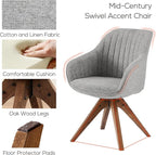 Art Leon Desk Chair - Mid Century Modern Office Chair No Wheels, Swivel Accent Chair with Oak Wood Legs, Fabric Upholstered Arm Chair, Gray