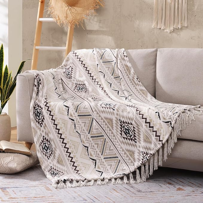 CASAAGUSTO Boho Throw Blanket - Beige and Gray Decorative Blankets with Tassel, Printed Flannel Bohemian Blanket for Chair, Bed, Sofa, Couch(50 * 60, Beige and Gray)