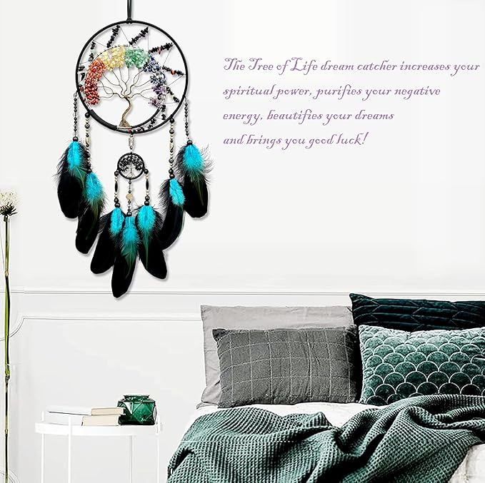 7 Chakras Dream Catchers, Tree of Life Dream Catchers Wall Decor, Rainbow Healing Crystal Stone Dreamcatcher for Bedroom Home Decor, Adults Boys Girls Festival Blessing Gift (7 Color Tree of Life)