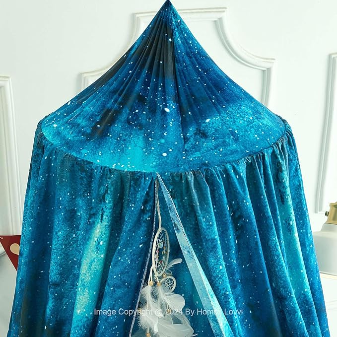 Galaxy Print Kids Bed Canopy, Girls Princess Canopy Dreamy Room Decor, Soft Hanging Reading Nook Play Tent Canopy, Extra Large Full Size Bed Canopy with String Light