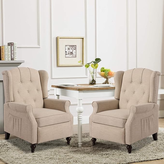 Wingback Recliner Chair with Massage and Heat, Tufted Fabric Push Back Recliner Chair for Living Room, Vintage Wingback Chair with Remote Control, Padded Cushion, Backrest, Wooden Legs