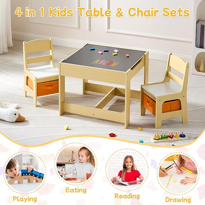 Kids Table and Chair Set, 3 in 1 Wooden Activity Table with Detachable Tabletop, Toddler Table and Chair Set with Storage Drawer, Kids Play Table for Children Art, Craft, Eating, Learning