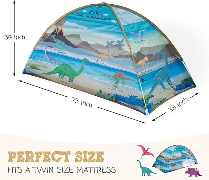 Dinosaur Twin Bed Tent for Kids Indoor Fort - Magical Dream Tents for Boys Pop Up Toddler Bed Canopy for Girls Bunk Bed Tent for Top Bunk - Sensory Sleep Pod for Kids Educational