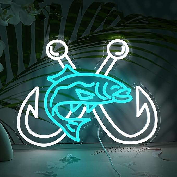 LISIGNVE Crossed Fish Hooks Neon Sign Fishing Led Neon Light for Wall Decor Fish On Light up Sign for Fishing Gear Store Yacht Gift for Father Boy(16.5 * 12.6 In)