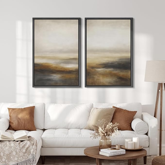 SIGNFORD Framed Canvas Print Wall Art Set Abstract Neutral Landscape Modern Beige and Brown Illustration Modern Art Decorative Nordic Nature for Living Room, Bedroom, Office - 16"x24"x2 Black