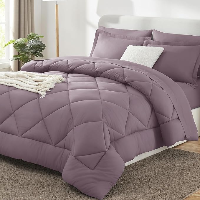 CozyLux Full Size Comforter Sets Dusty Purple - 7 Pieces Bed in a Bag Full, Soft Bed Set for All Seasons, Bedding Set with Down Alternative Comforter, Sheets, Pillowcases & Shams, Grayish Purple