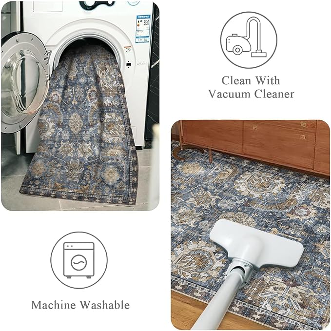 RUGSURE Washable Area Rugs - Perfect for Living Room, Bedroom, Kids Room, Nursery - Stain & Water Resistant Non-Slip, Pet & Child Friendly, Vintage Tribal Area Rugs (Navy, 6' x 9')