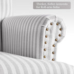 HUIMO Linen Fabric Accent Chair, Mid-Century Modern Armchair with Solid Wood Legs, Single Sofa Chair,Upholstered Reading Club Chair (1, Grey and White Stripe)