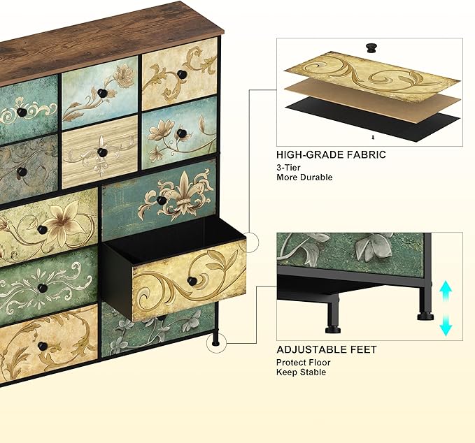 Tohomeor Dresser with Drawers for Bedroom Chest of Drawers Fabric Dresser for Closet,Nursery Entryway Hall Tree TV Stand for Living Room Retro Floral Pattern Drawers Wooden Top (12 Drawers)