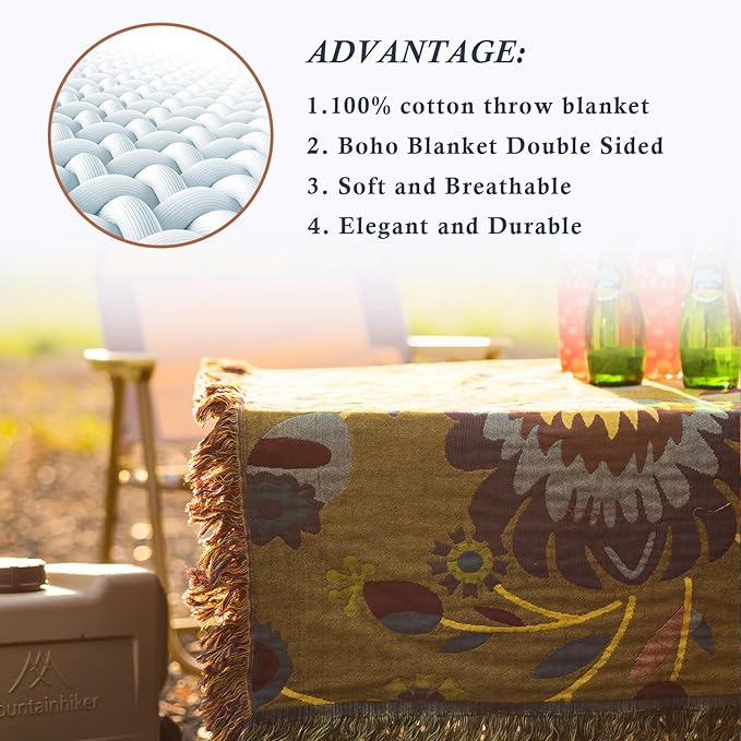 Snycler Boho Throw Blanket for Bed, 100% Organic Cotton Muslin Soft Throw-Yellow Boho Floral Farmhouse Rustic Spring Summer Fall Decor Blanket for Couch Sofa Quilt and Gift, 80" x 90"