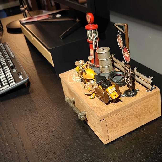 Route 66 Desk Table Decor Gas Station Model Miniature Storage Box Decoration Vintage Gas Pump Motorcycle Model Organizer Drawers Jewelry Box Ring Trinket Case Cabinet Retro Home Decor