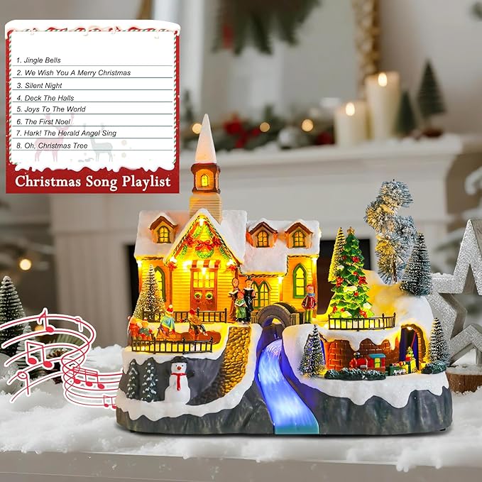 Christmas Village House Musical Christmas Collectible Buildings Church Train Snowman Children Skating with LED Lights Vacation Village with USB Indoor Figurines Indoor Tabletop Decoration