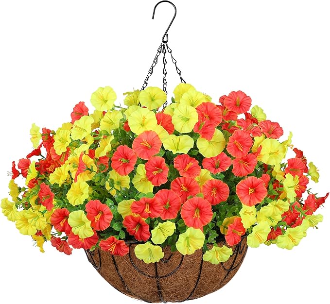 Artificial Fall Flowers Fake Hanging Plants Flowers Basket for Outdoors Autumn Decoration, Silk Morning Glory with Eucalyptus Look Real UV Resistant Faux Flowers for Outside Porch Patio Balcony, Mix