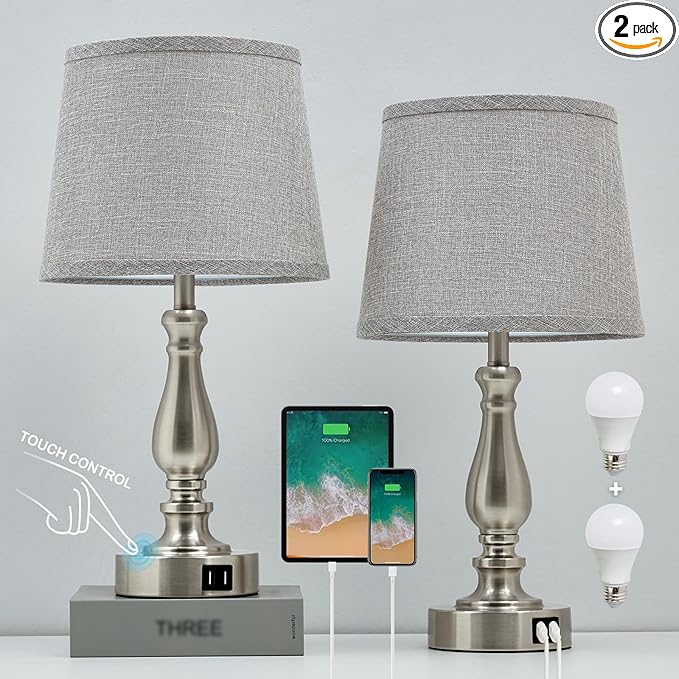 Table Lamps for Bedroom Set of 2,3 Way Dimmable Touch Bedside Lamps with Dual USB A+C Ports - Nightstand Lamp for End Table Modern Night Stand Lamps for Living Room Guest Room