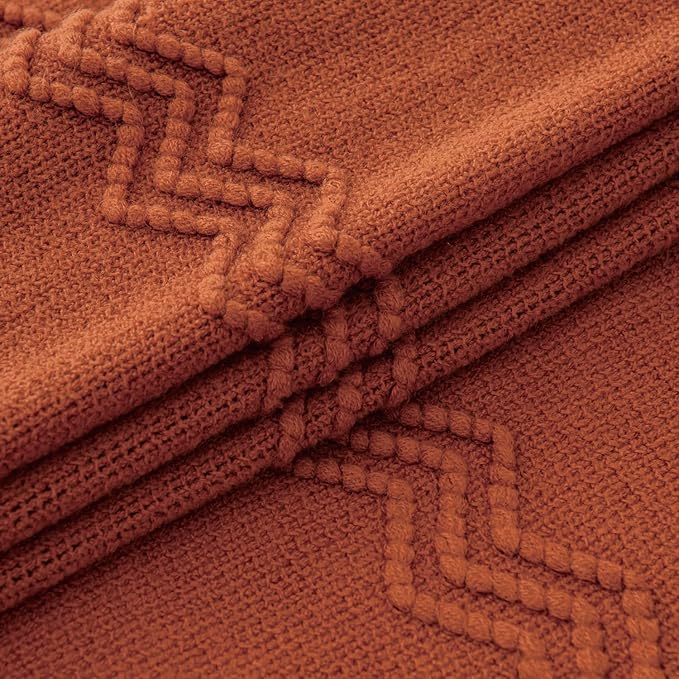MIULEE Fall Rust Knitted Throw Blanket for Couch Terracotta Boho Textured Cozy Woven Rustic Blanket with Tassels for Sofa Chair Bed Living Room Farmhouse Decor Acrylic Wave Pattern 50"x60"
