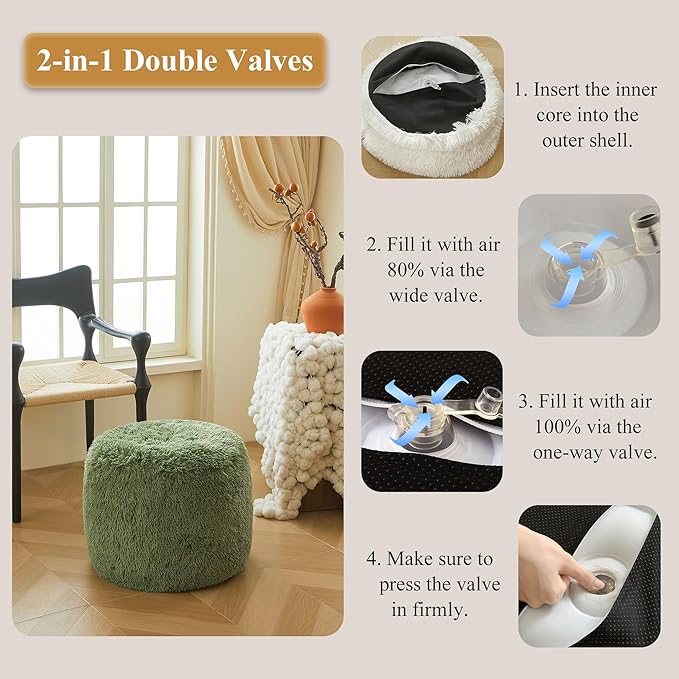 XeGe Fluffy Faux Fur Inflatable Pouf Ottoman, Cozy Portable Shaggy Fuzzy Foot Stool Moss, Plush Furry Foot Rest Floor Pouf, Round Ottoman Cushion for Living Room Bedroom Home Decor, Sage Green